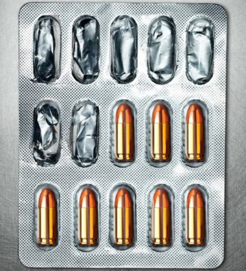 Pill package with bullets instead of pills
