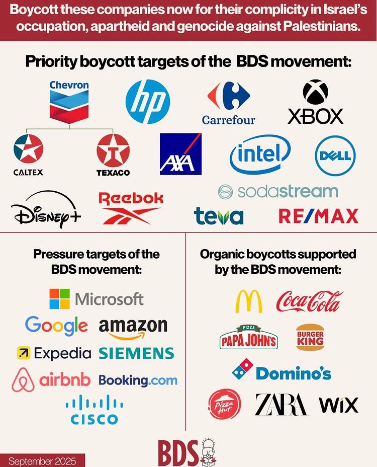 "Boycott these companies now for their complicity in Israel's occupation, apartheid and genocide against Palestinians." Priority boycott targets of the BDS movement: displays logos for Chevron, Caltex, Texaco, HP, Reebok, Teva, Disney Plus, AXA, Intel, Dell, Sodastream, XBox, Carrefour, and Remax. Pressure targets of the BDS movement: displays logos for Microsoft, Google, Amazon, Expedia, Airbnb, Booking.com, Cisco, Siemens. Organic boycotts supported by the BDS movement: displays logos for McDonald's, CocaCola, Papa Johns, Burger King, Domino's, Pizza Hut, Wix, Zara